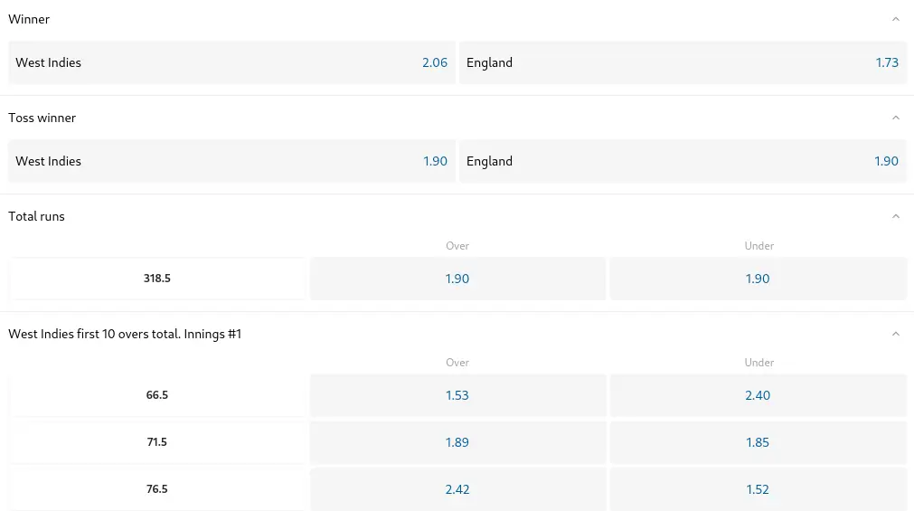 Parimatch betting options and odds on cricket game