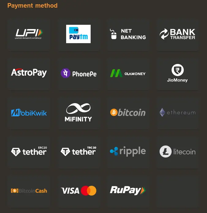 Available payment methods at Sol casino India