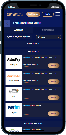 Payment methods that are available at Sapphirebet in order to deposit or withdraw real money from a player account