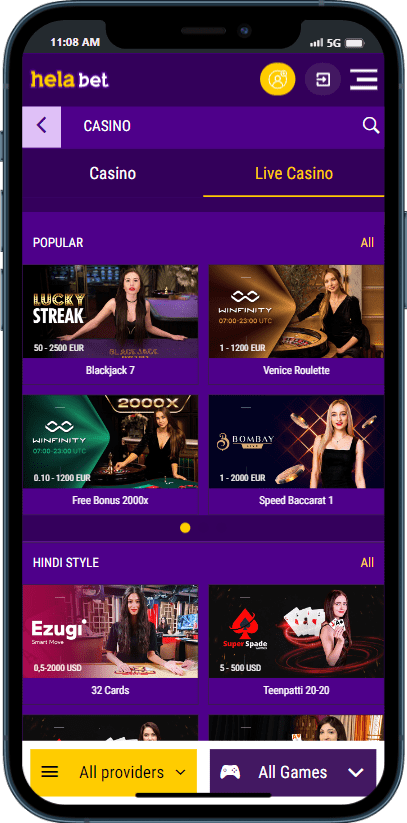 Helabet mobile app screenshot 3 with live casino