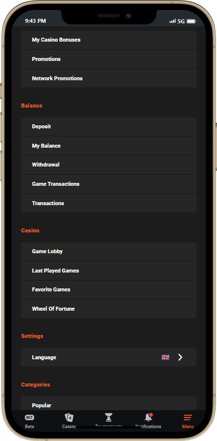 GGbet app menu profile screenshot