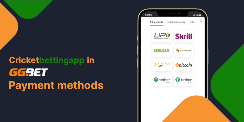 GGbet payment methods that are available for Indian players, includes UPI local payment method with INR currency