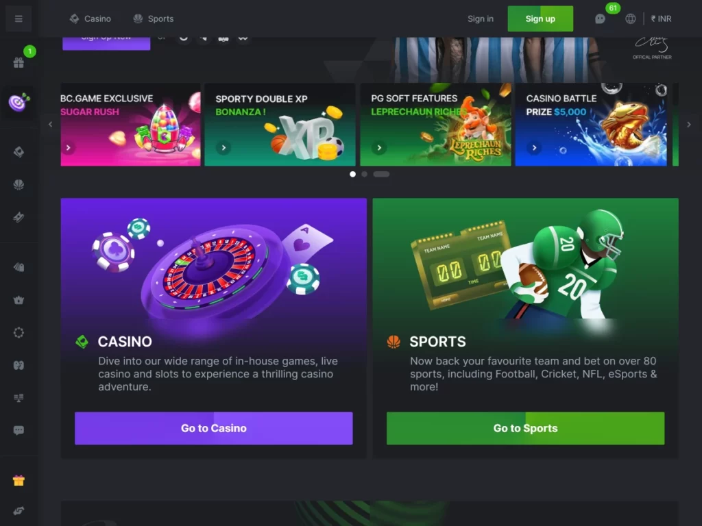 BCGame website home page with enabled side menu to show all features of the online casino and sports betting site